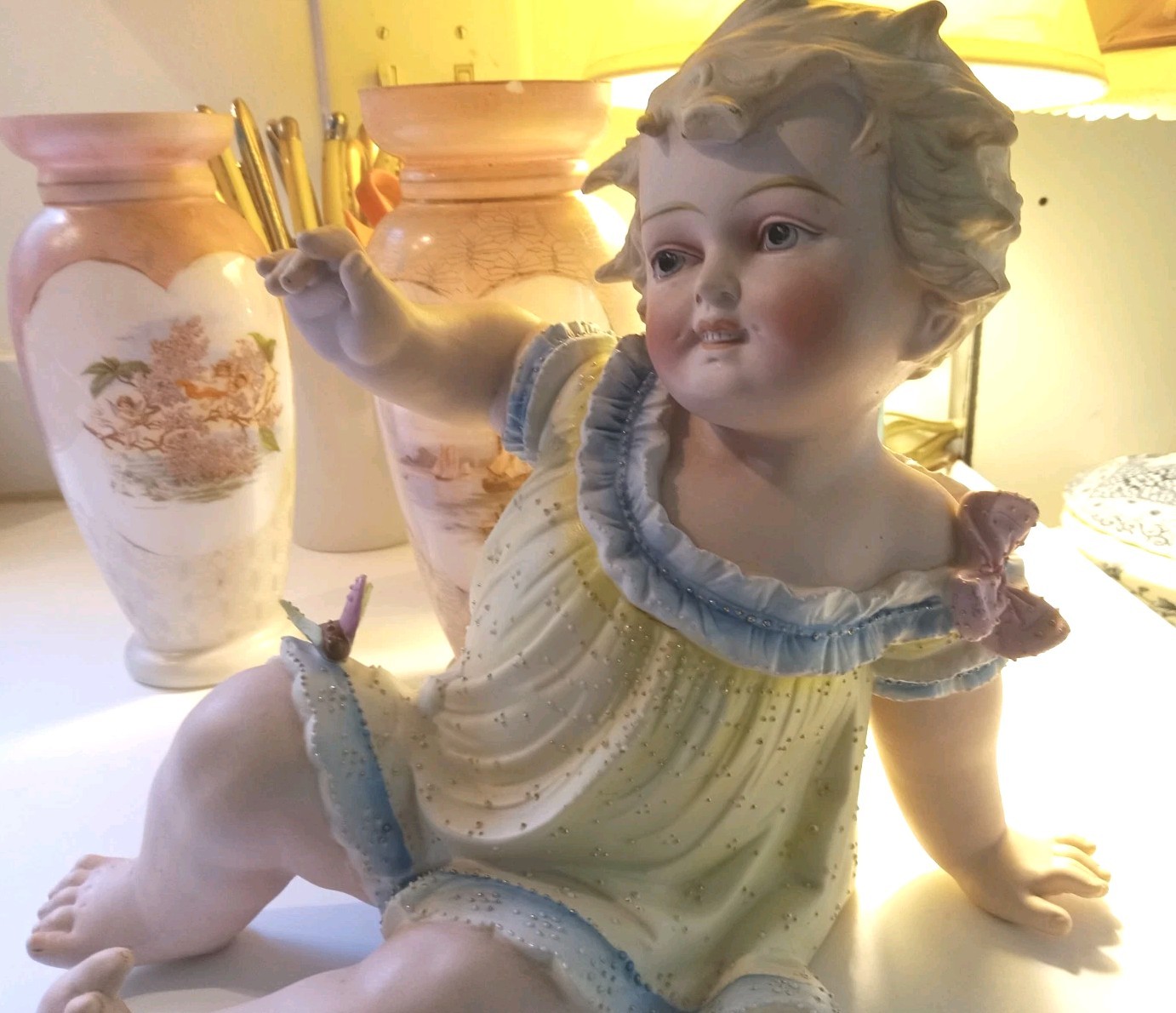 Antique Conta&Boehme BISQUE Porcelain PIANO Baby Figurine GIRL With Butterflies