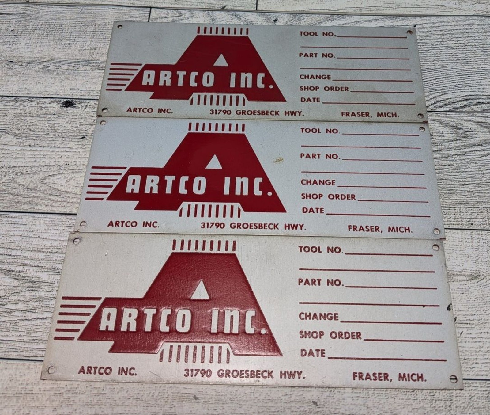 3x Vintage ARTCO Inc Metal Shop Tool Tag Sign Fraser Michigan Industrial Plate