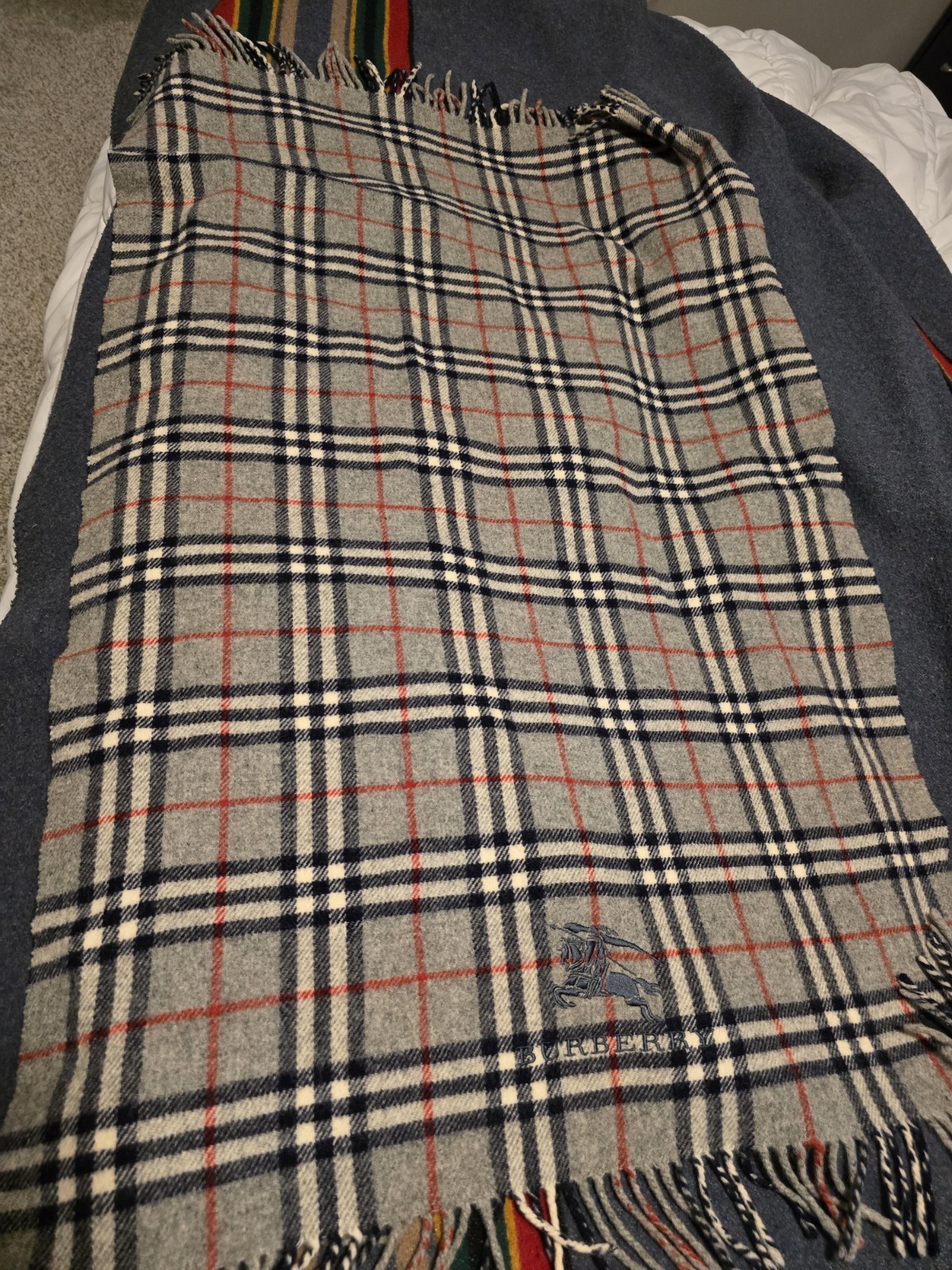 Burberry Grey Plaid Wool Blanket with Fringe 39 x 25 Excellent Condition Vintage Burberry Grey Plaid Wool Blanket with Fringe 39 x 25 Excellent Condition Vintage