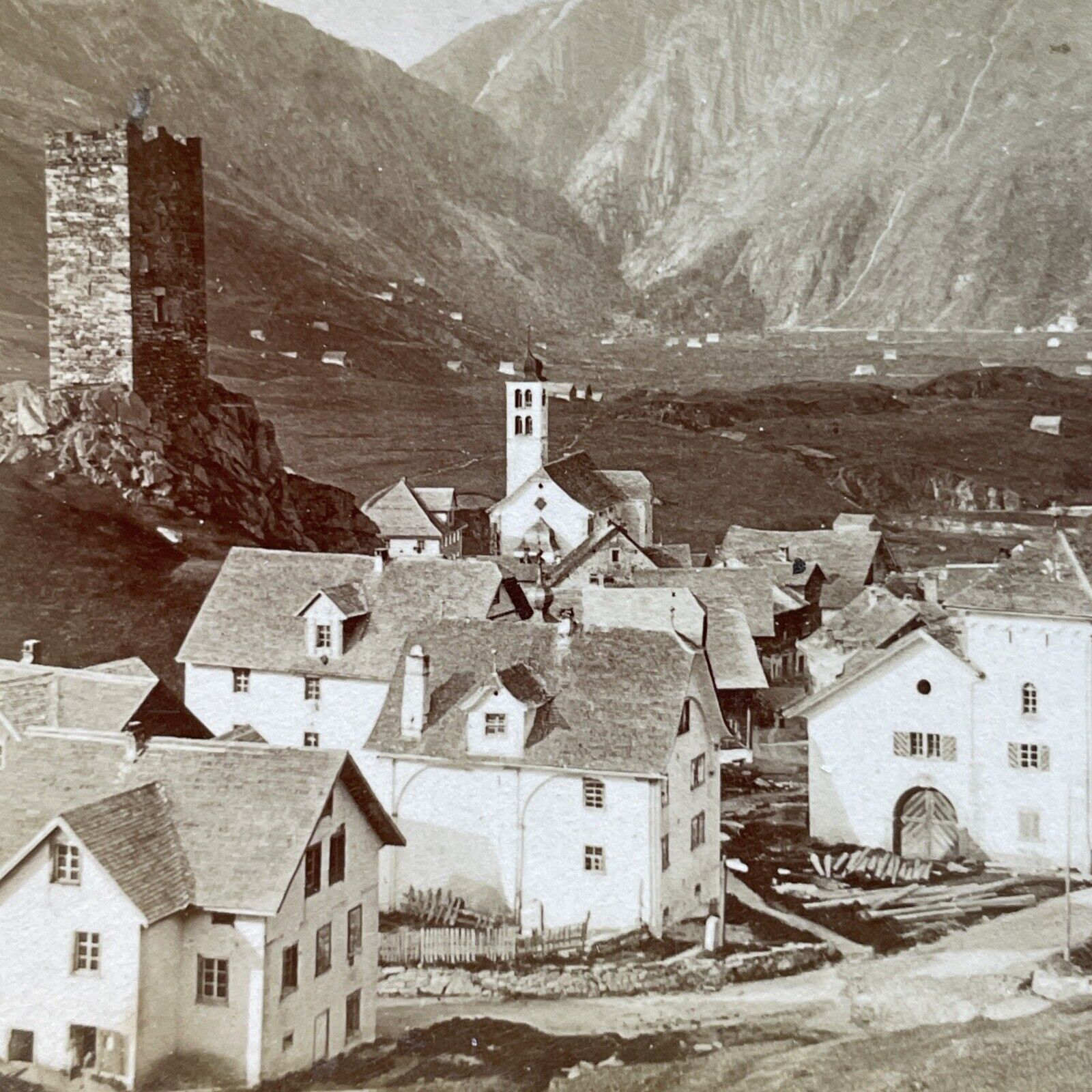 Antique 1885 Hospental Switzerland Town View Stereoview Photo Card P3936