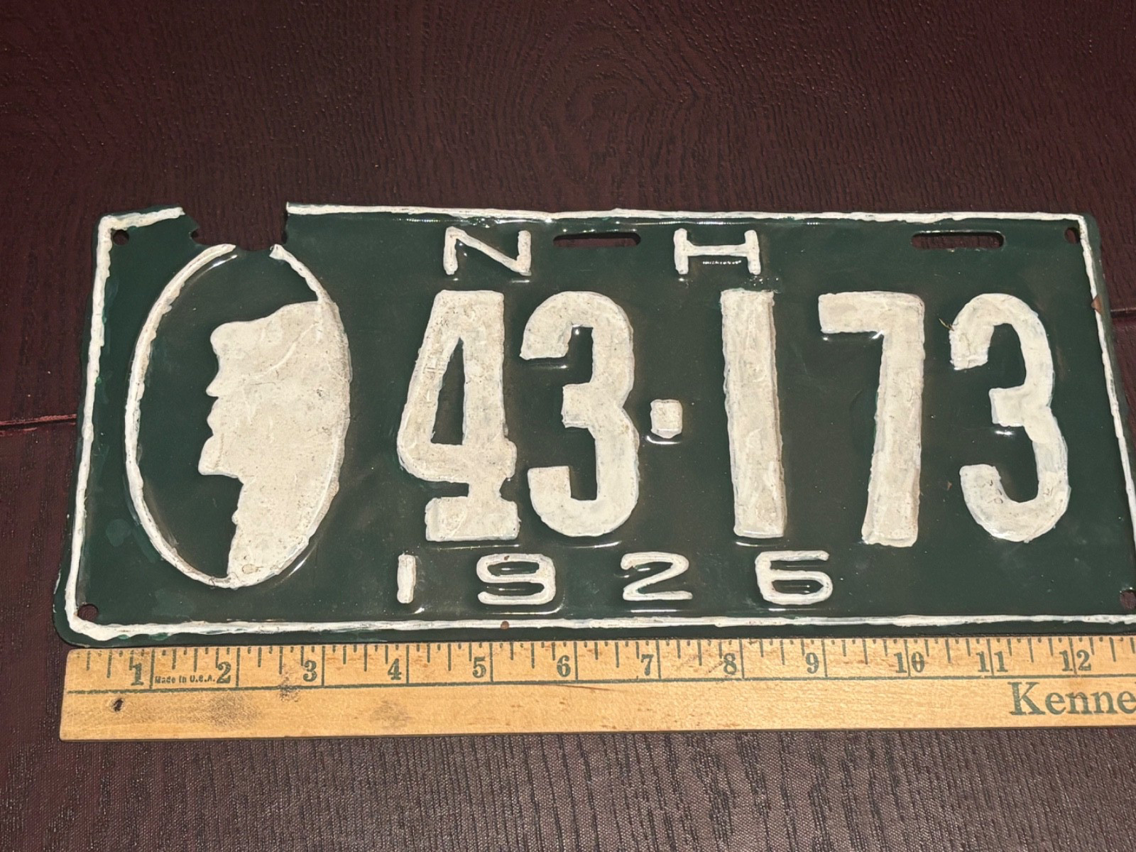 1926 New Hampshire Old Man in the Mountain license plate green & white 43-173