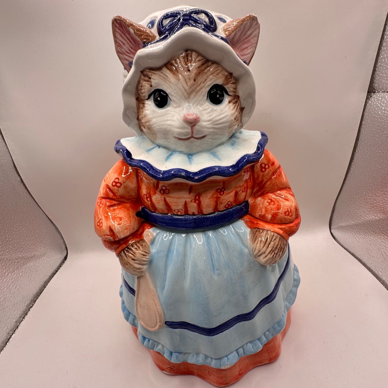 Vintage Ceramic Anthropomorphic Cat Cookie Jar Bonnet Apron Orange Blue Baker