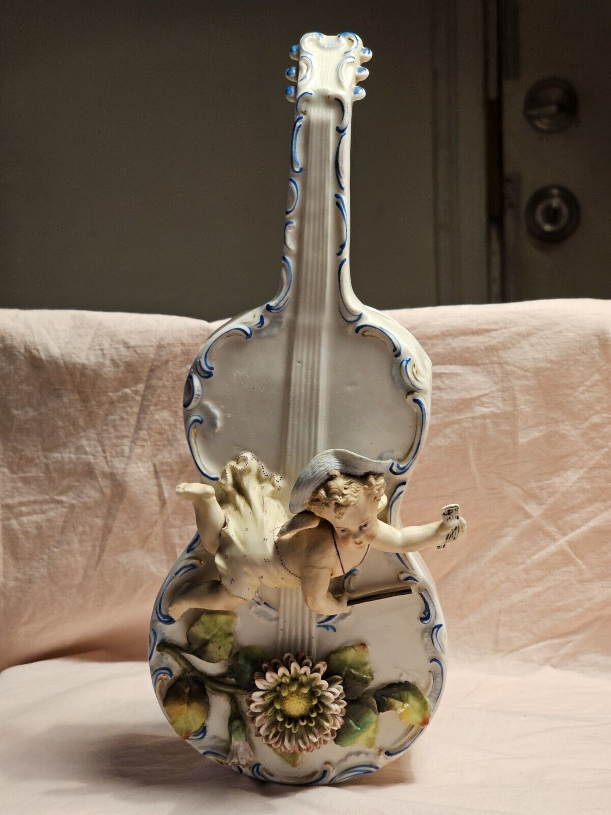 Antique Capodimonte  Porcelain Cherub Angel Violin Figurine Planter