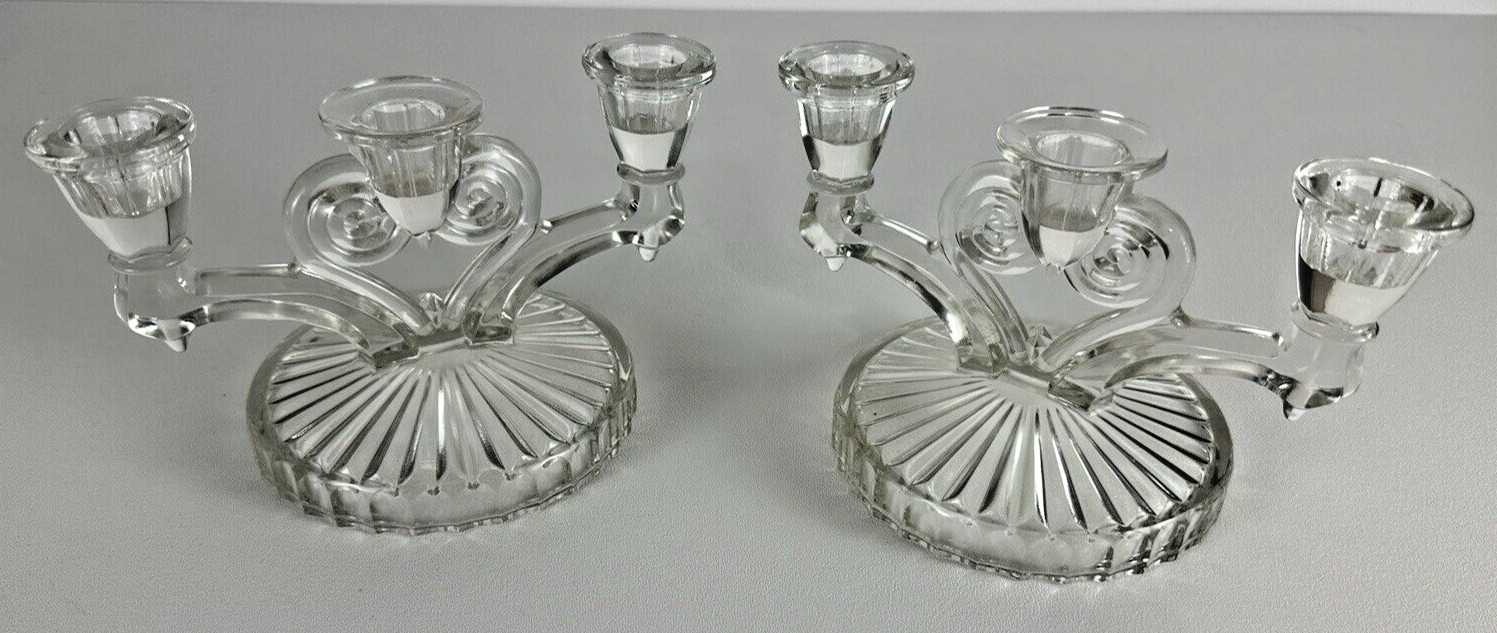 Jeanette Cosmos Triple Candlestick Holder Clear Glass 1945-1956 Set Of 2 Vintage