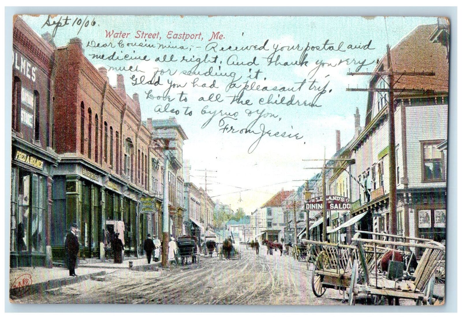 1905 Water Street Stores And Carriages View Eastport Maine ME Posted Postcard