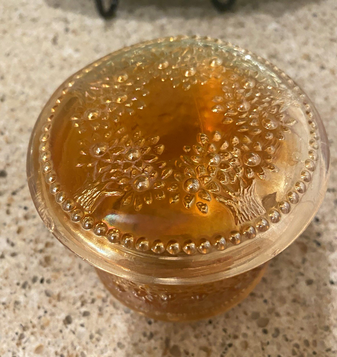 Marigold carnival glass orange tree powder jar
