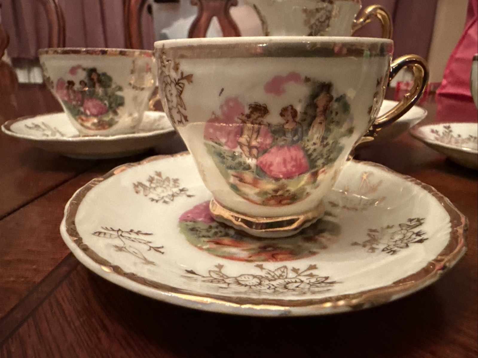 Vintage Fragonard Courting Scene Porcelain Demitasse Cup and Saucer Set Japan Vintage Fragonard Courting Scene Porcelain Demitasse Cup and Saucer Set Japan