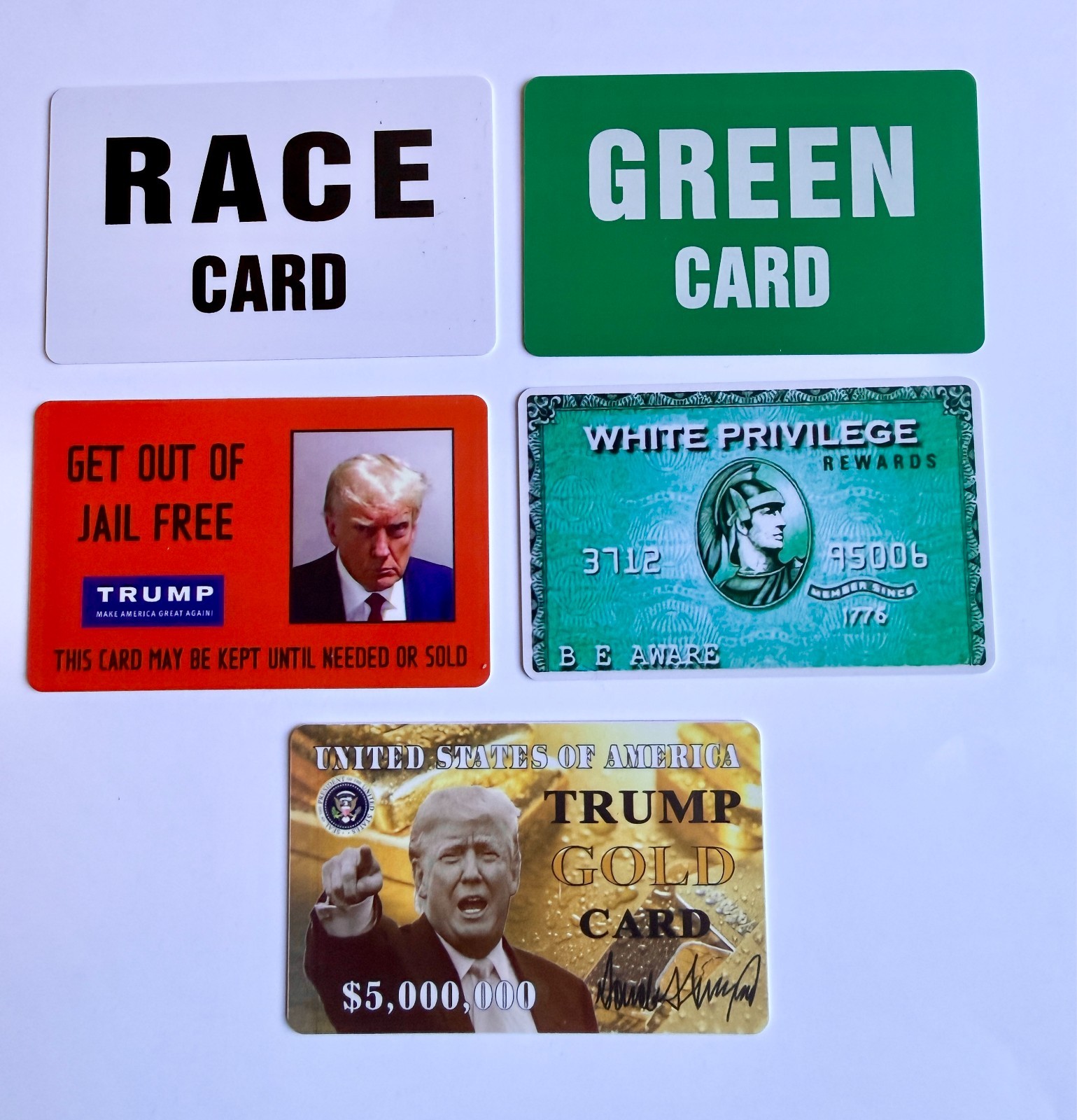 NEW 5 Card Lot Trump Gold Green Race Jail White Plastic ICE MAGA Funny Gift NEW 5 Card Lot Trump Gold Green Race Jail White Plastic ICE MAGA Funny Gift