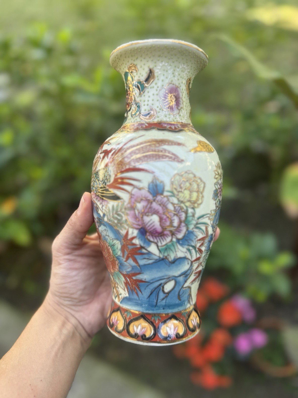 Japanese Porcelain Vase Textured & Handpainted with Birds & Flowers 8.25