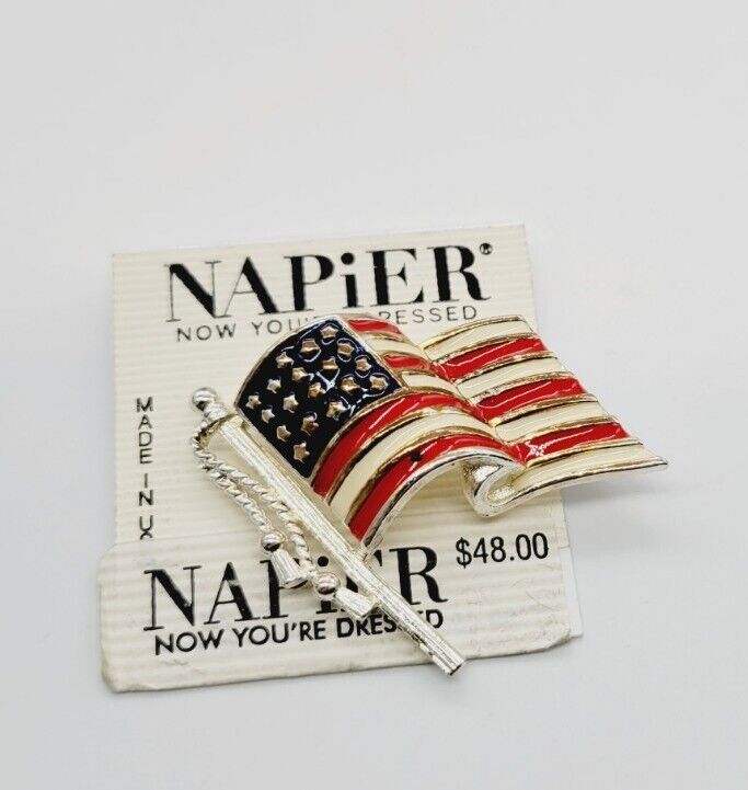 Vintage Napier Patriotic Enamel American Flag Booch Pin Silver Tone 2 in