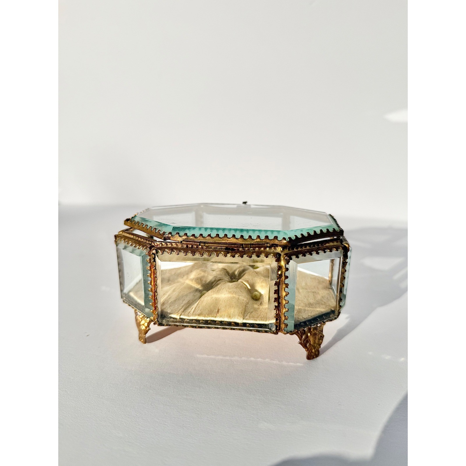 Antique French Beveled Glass Trinket Box Brass Filigree Footed Jewelry Casket Antique French Beveled Glass Trinket Box Brass Filigree Footed Jewelry Casket