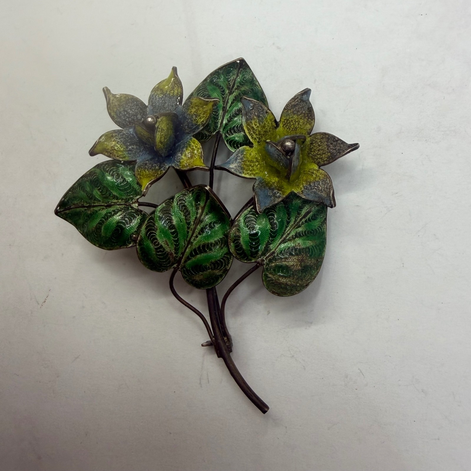 Enamel filigree 800 silver flower brooch vintage 1940s