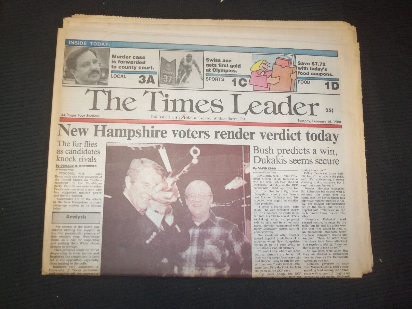 1988 FEB 16 WILKES-BARRE TIMES LEADER -N.H. VOTERS RENDER VERDICT TODAY- NP 7515