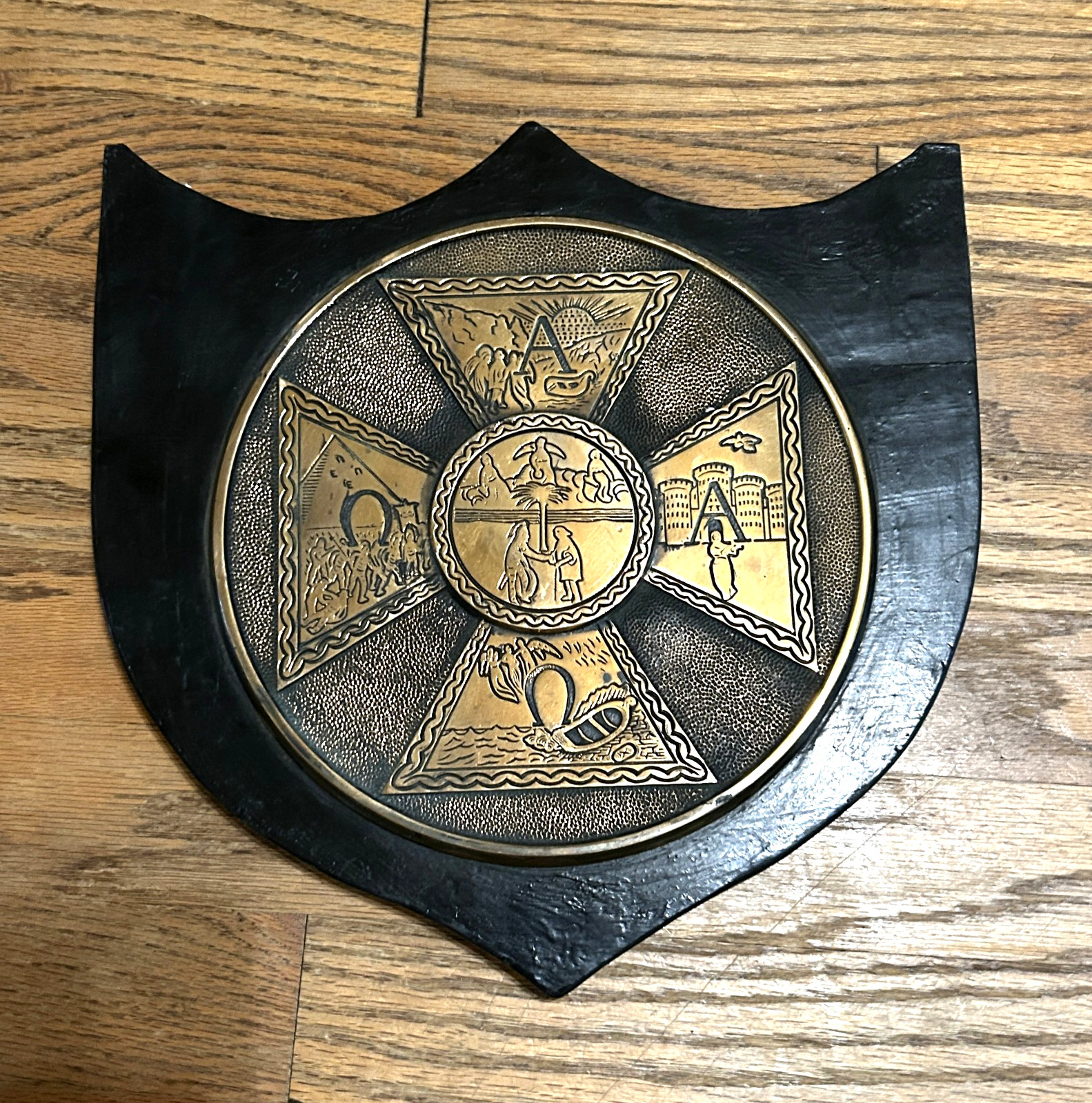 ANTIQUE Alpha Tau Omega fraternity Great Seal crest wall plaque, brass ATO - OLD