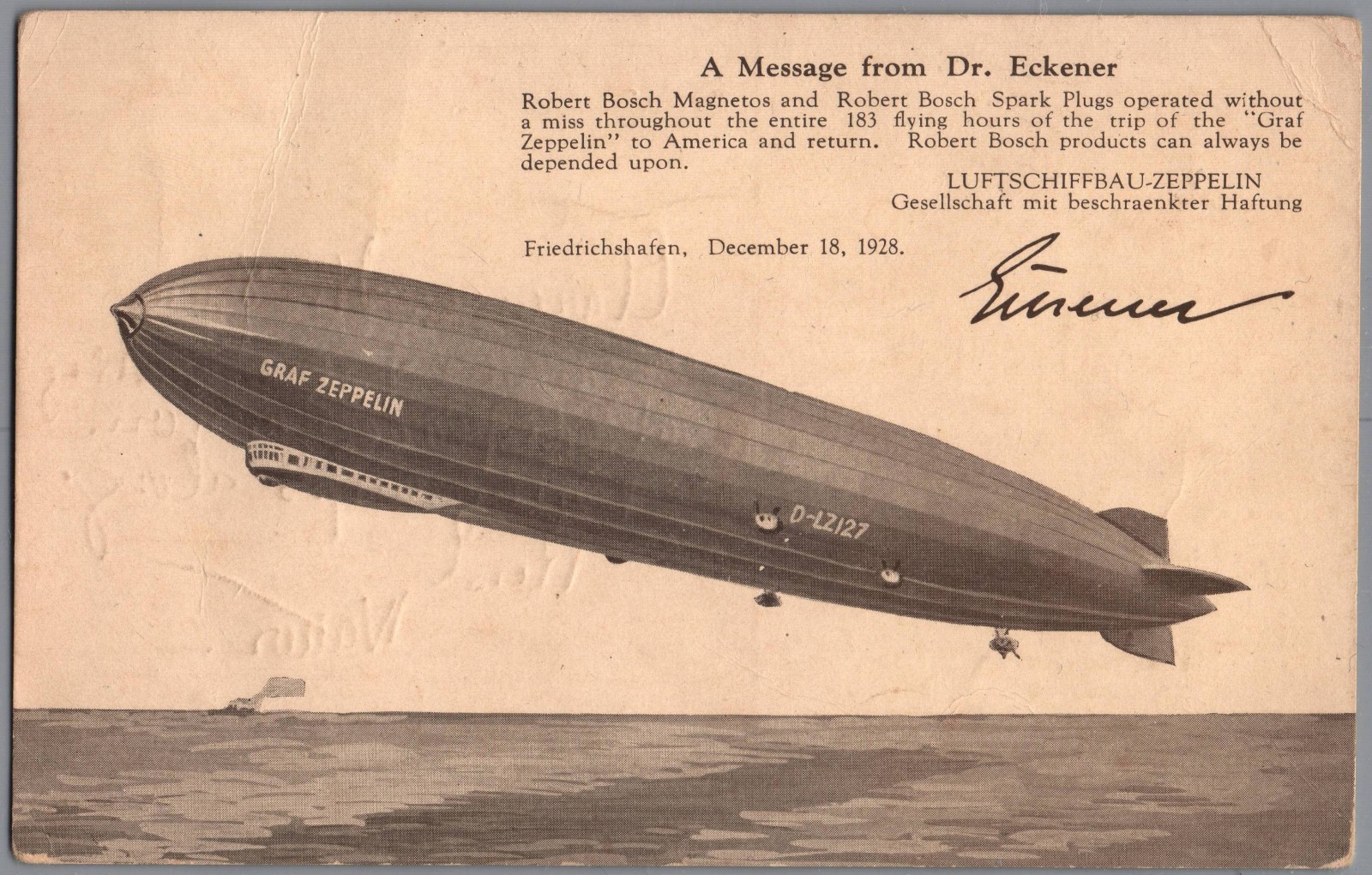 1928 Dr. Hugo Eckener Robert Bosch Graf Zeppelin Advertising Picture Postcard /