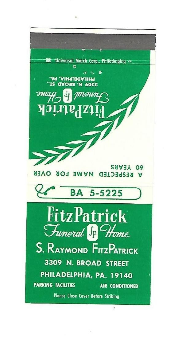 FitzPatrick Funeral Home - Philadelphia, PA. Matchcover  3309 N. Broad Street