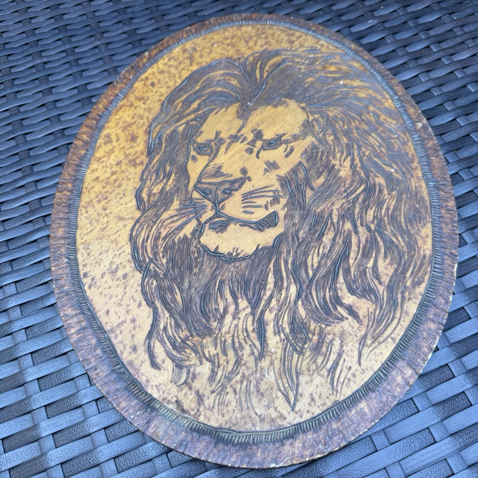 Antique  Flemish Art Co. Wood Wall Hanging Plaque Carved Lion