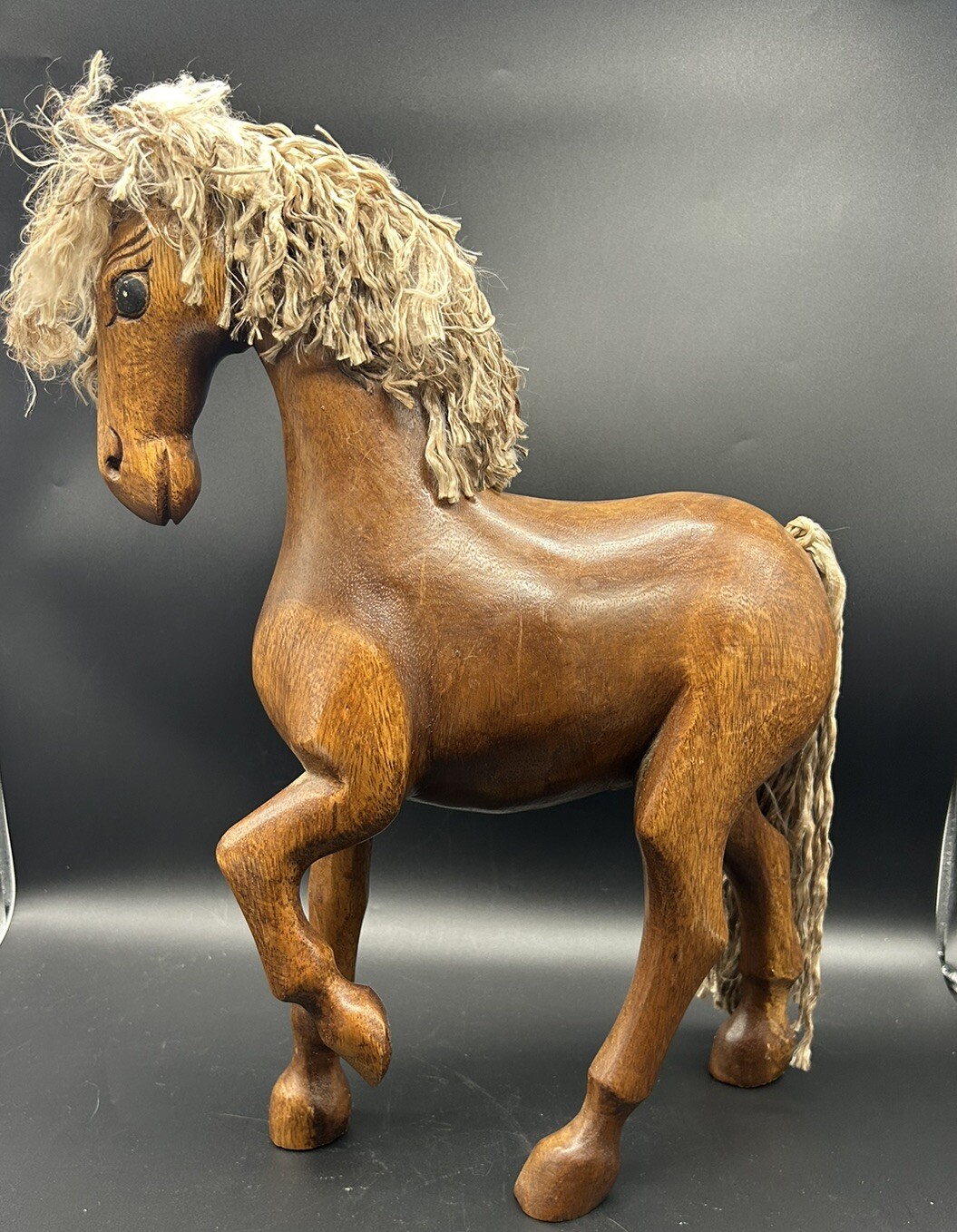 Vintage Hand-Carved Wooden Horse Female Mare w/ Mane Quality Made 17.5”x12”