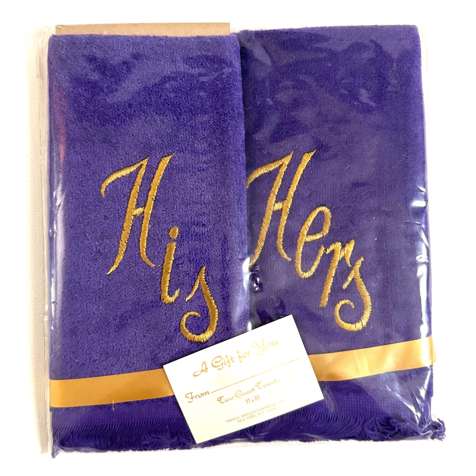 Vtg Purple His Hers Gold Embroidered Guest Hand Towels MCM Bathroom Powder Room
