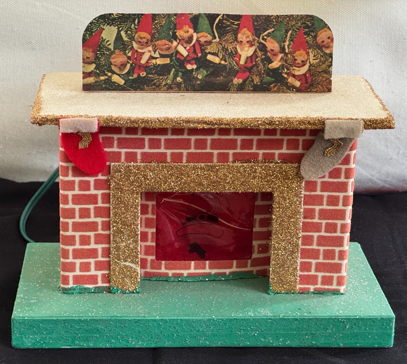 Vintage Putz Glowing Fireplace Cardboard Mica Christmas Mantel Scene With Elves