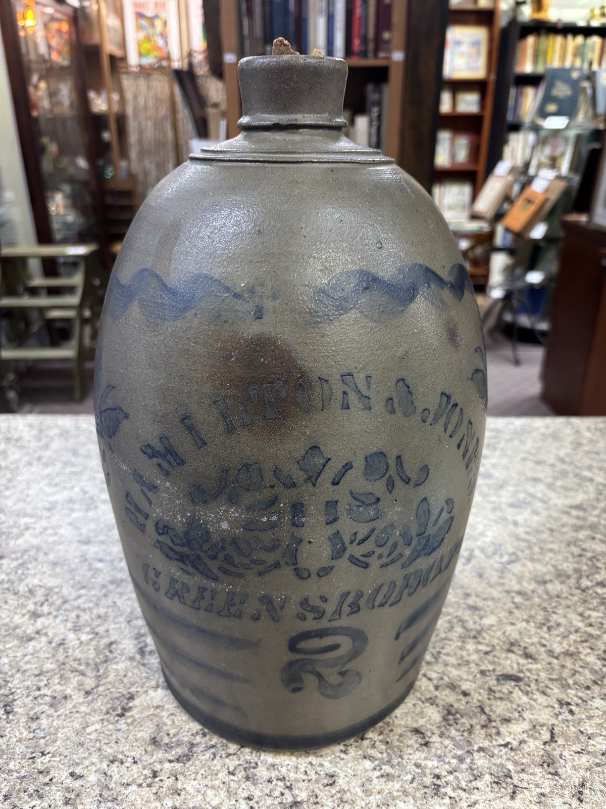 Hamilton & Jones Antique Salt-Glazed Stoneware Jar Cobalt Blue 2 gallon