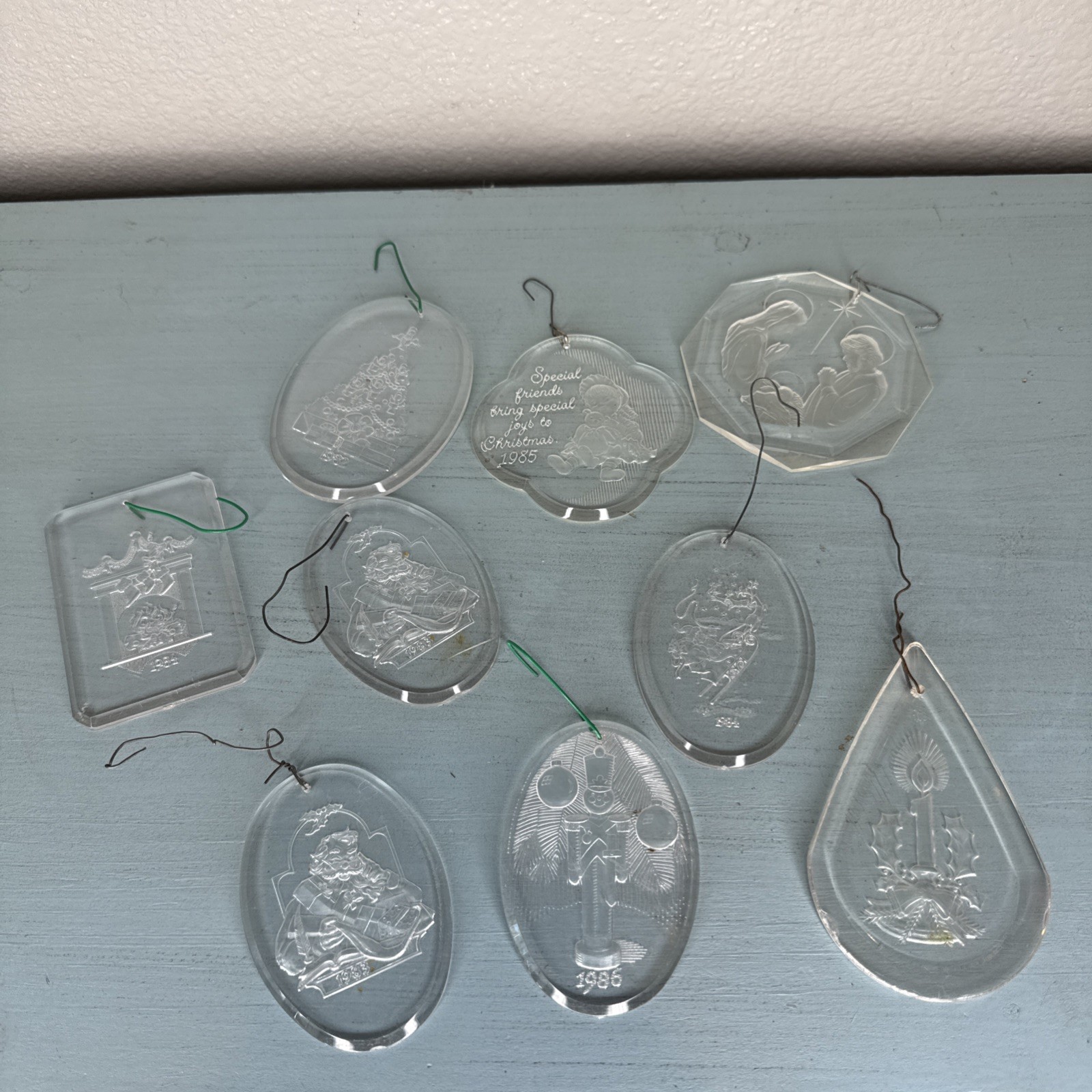 Set of 8 Vintage Laser Cut Etched Clear Plastic Acrylic Christmas Ornaments