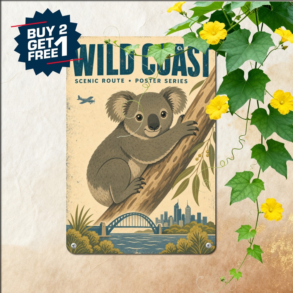 Cute Koala Bear Climbing Eucalyptus Sign Whimsical Wildlife Metal Tin Plaque