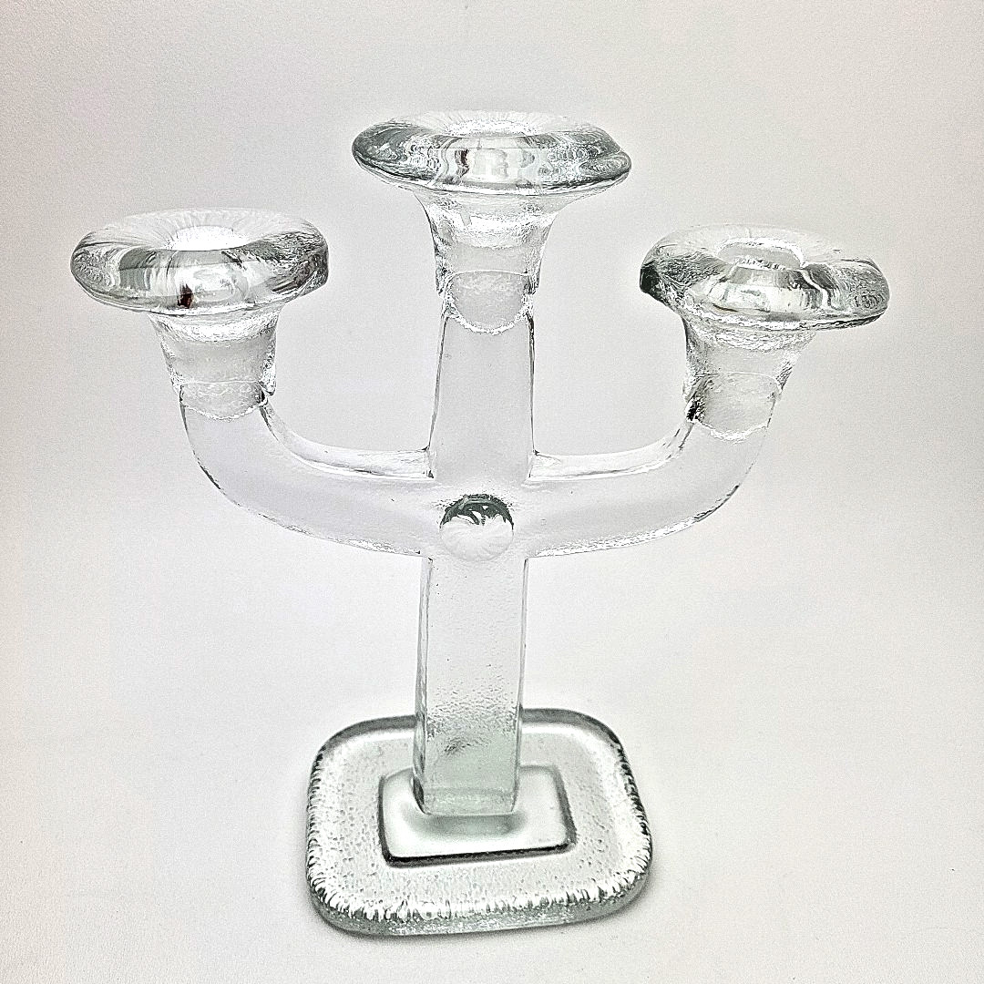 VTG Pukeberg Swedish Glass Candelabra Triple Candlestick From Kosta Boda 1970s VTG Pukeberg Swedish Glass Candelabra Triple Candlestick From Kosta Boda 1970s