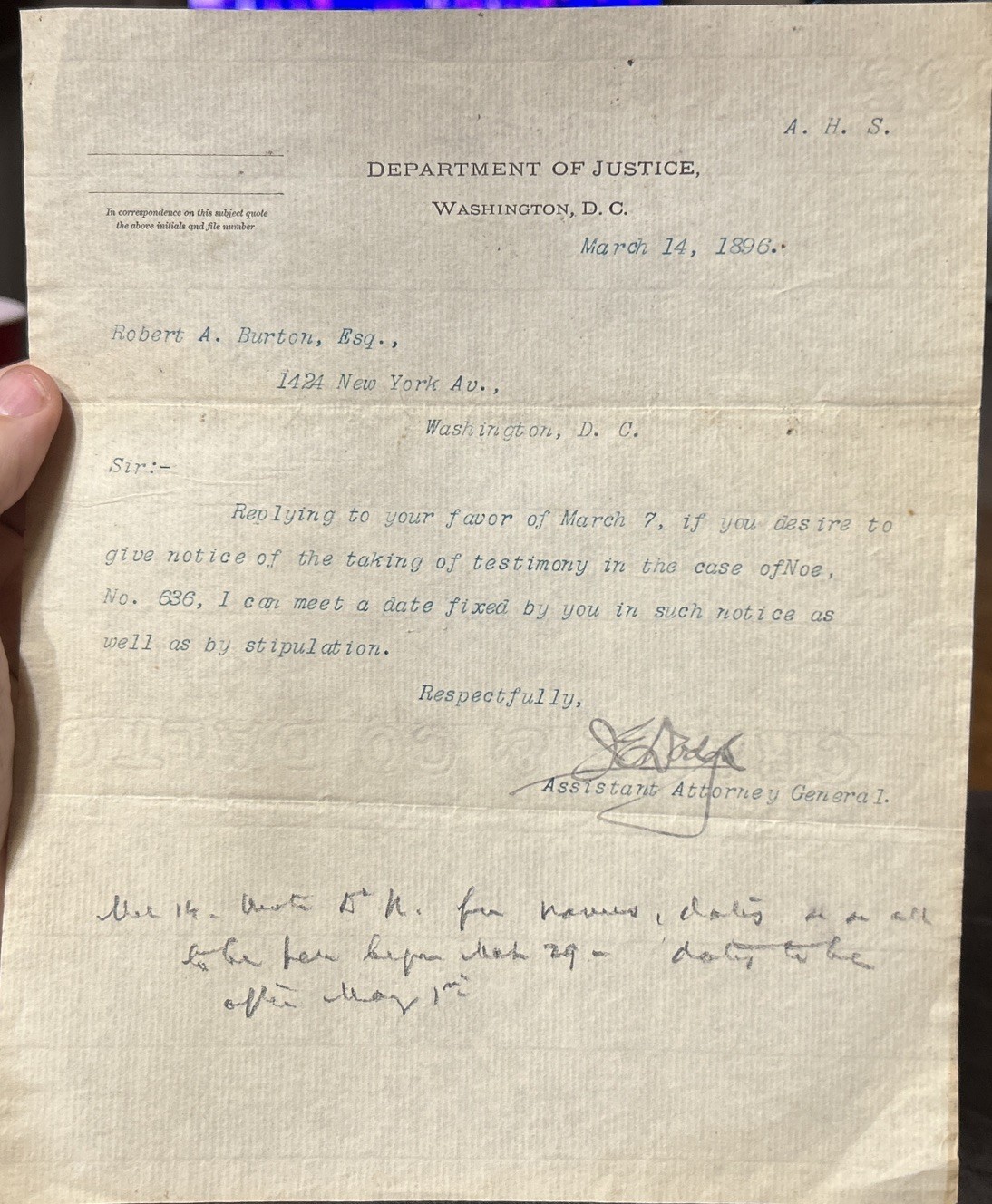 1896 Signed Letter Assistant U.S. Attorney General Joshua Dodge