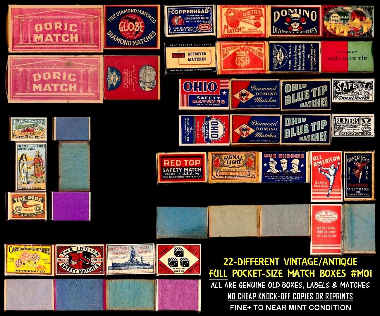 22-DIFFERENT FULL VINTAGE/ANTIQUE POCKET-SIZE MATCH BOXES ... SOME SCARCITIES