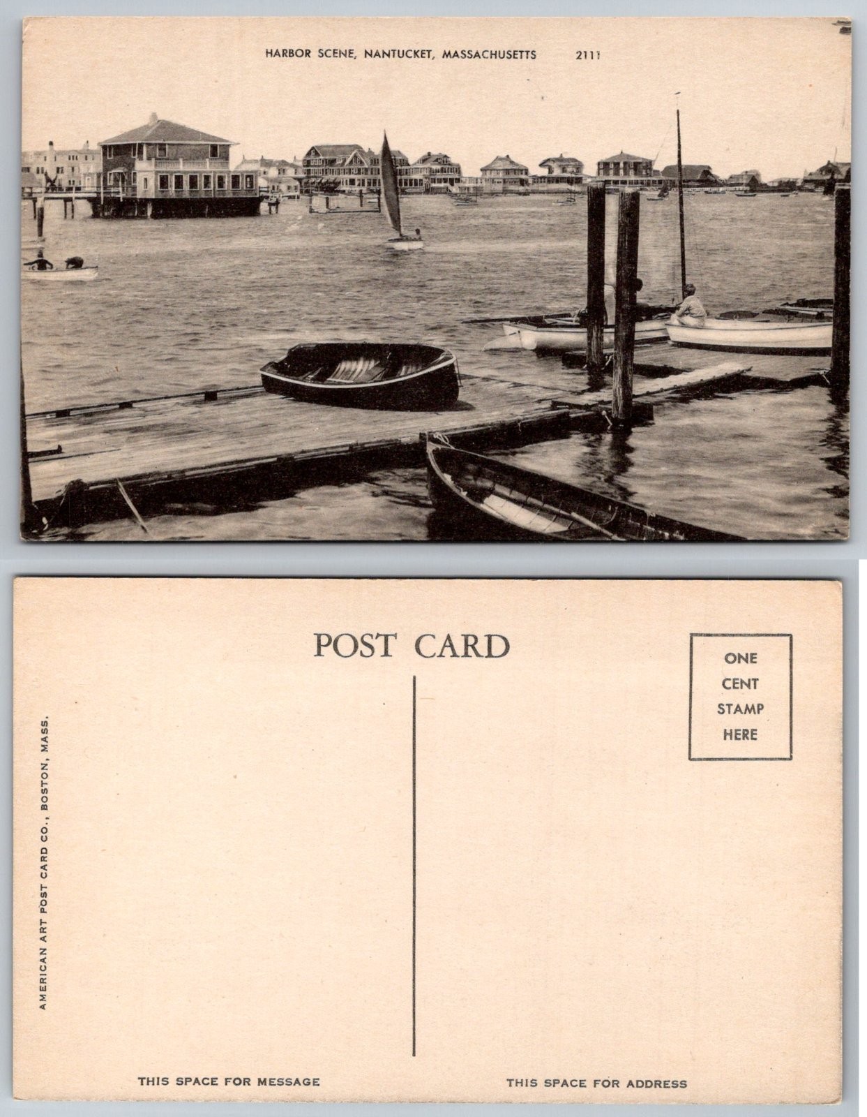 Nantucket Massachusetts Harbor Scene Waterfront Boats Buildings Postcard