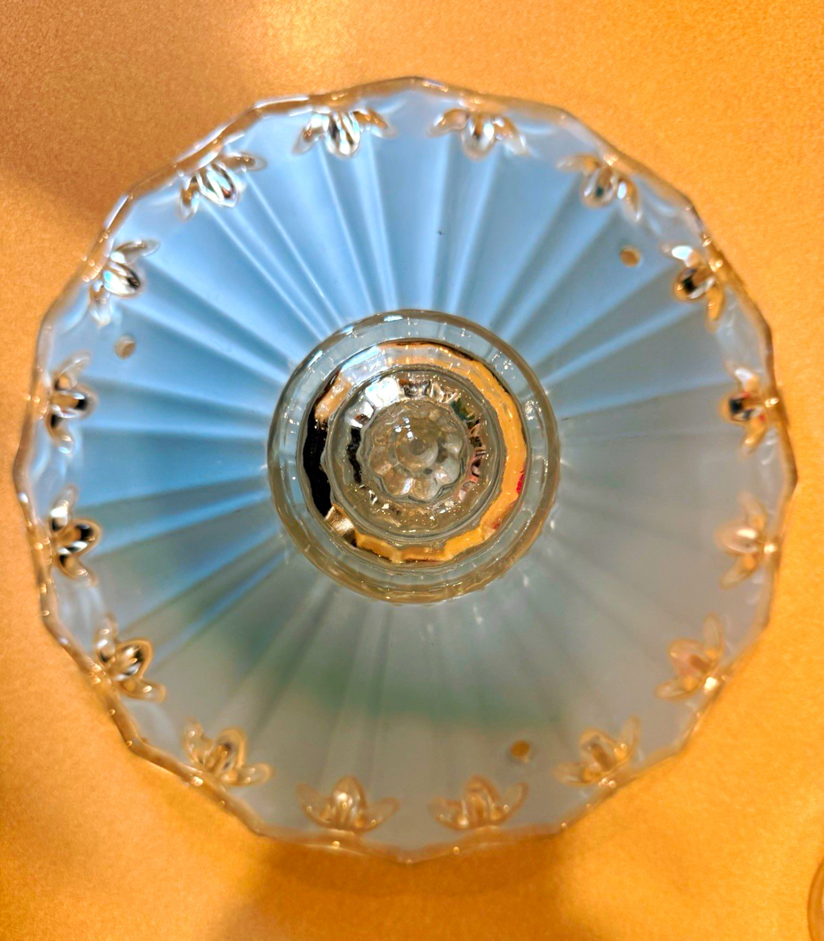 Vintage Art Deco Blue Glass Ceiling Light Shade Floral 3 Chain Scalloped