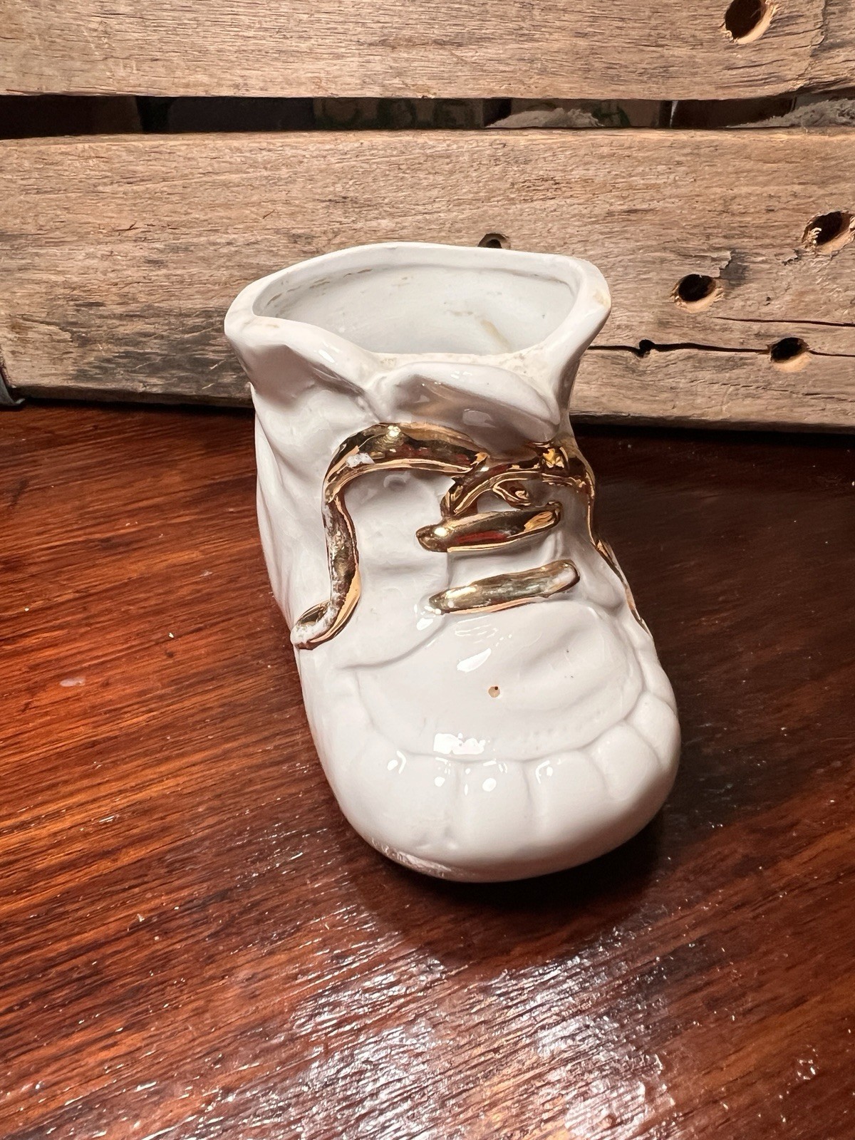 White Vintage Baby Shoe Planter Gold accents Ceramic Succulent Nursery Baby