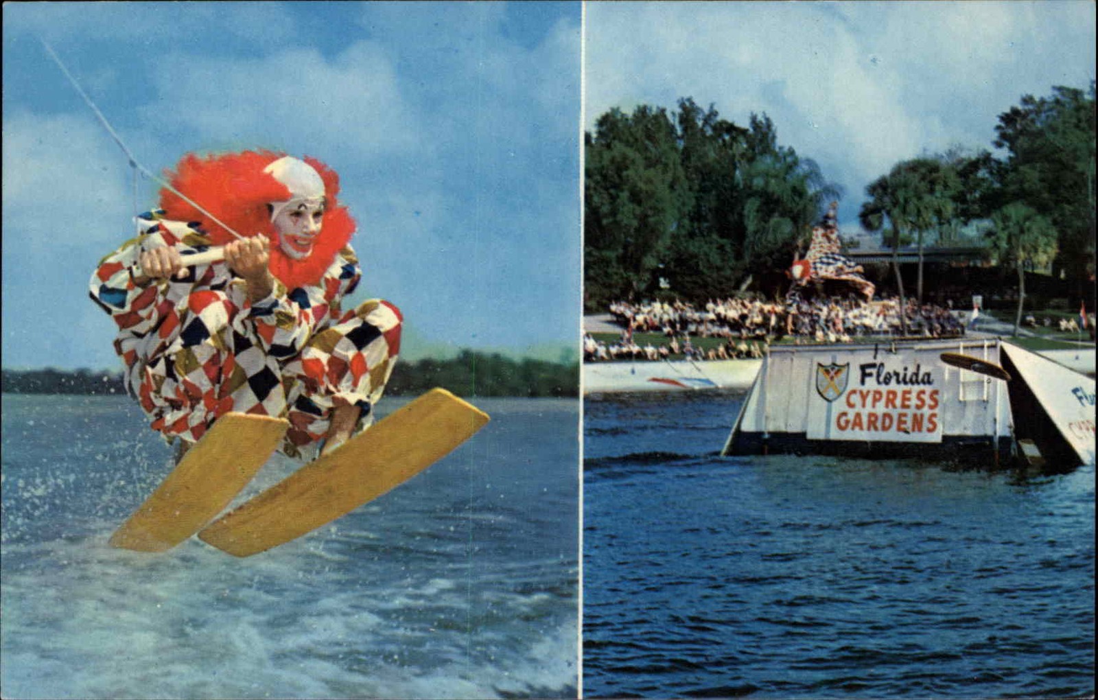 Cypress Gardens Florida Corky Clown Water Ski Show c1950-60s Vintage Postcard