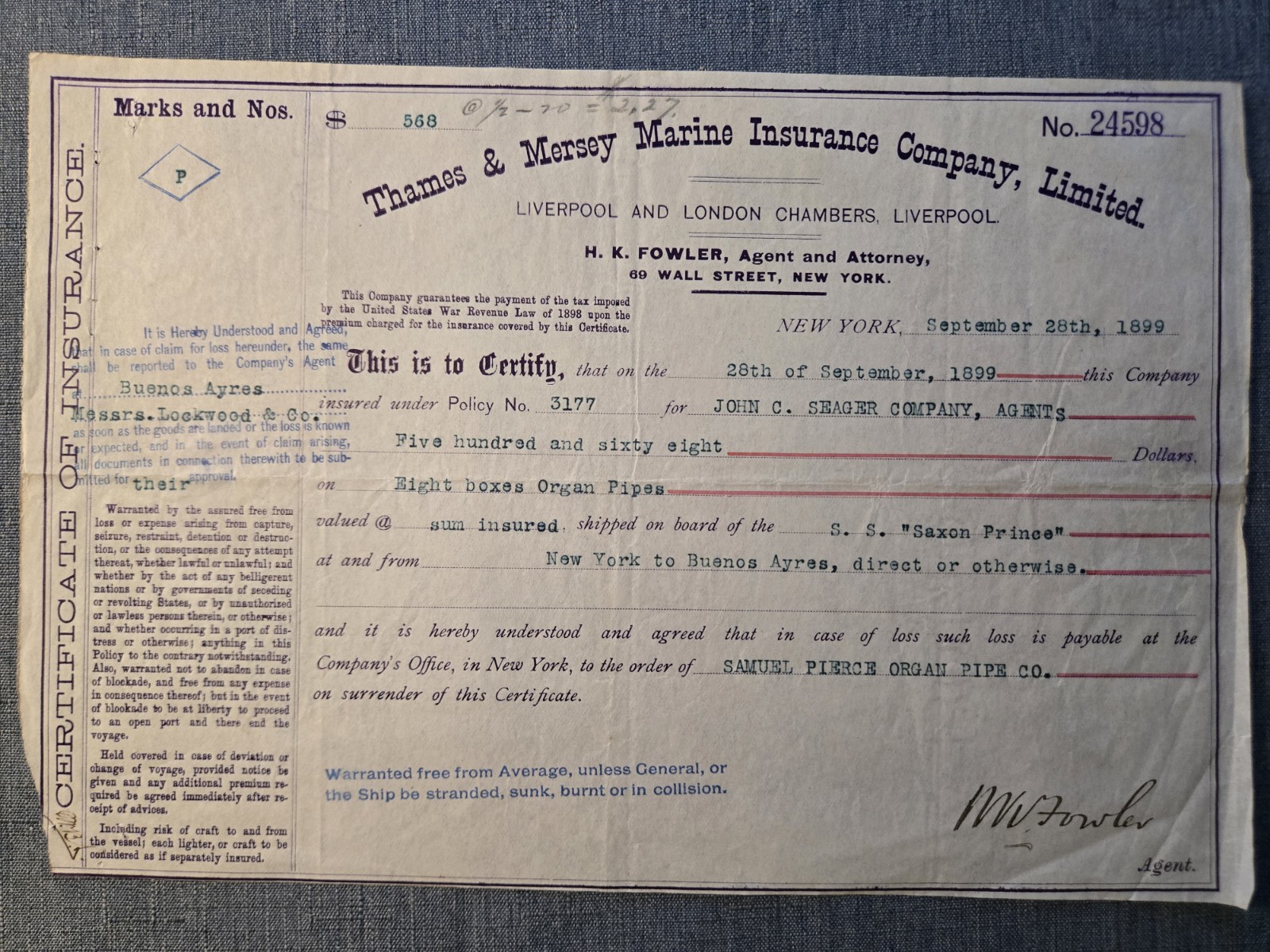 Antique 1899 Marine Ins. Certificate Samuel Pierce Organ Pipe Co NY Buenos Ayres