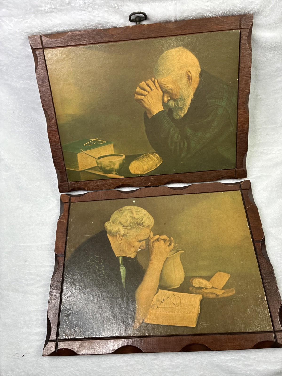 Vintage Dicksons Grace Gratitude Praying Man Woman Wood Plaques 14.5” Pair