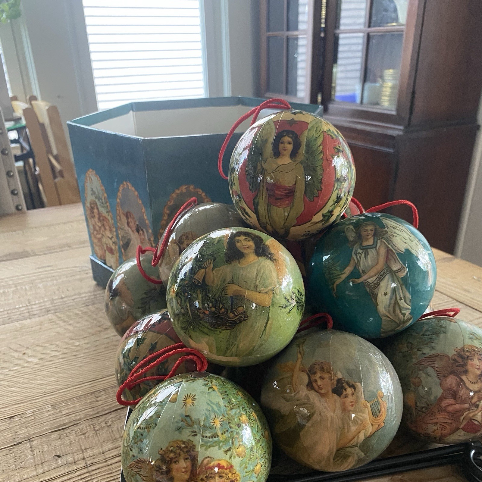 Vintage Twelve Glorious Angels Christmas Ornaments With Box Paper Mache
