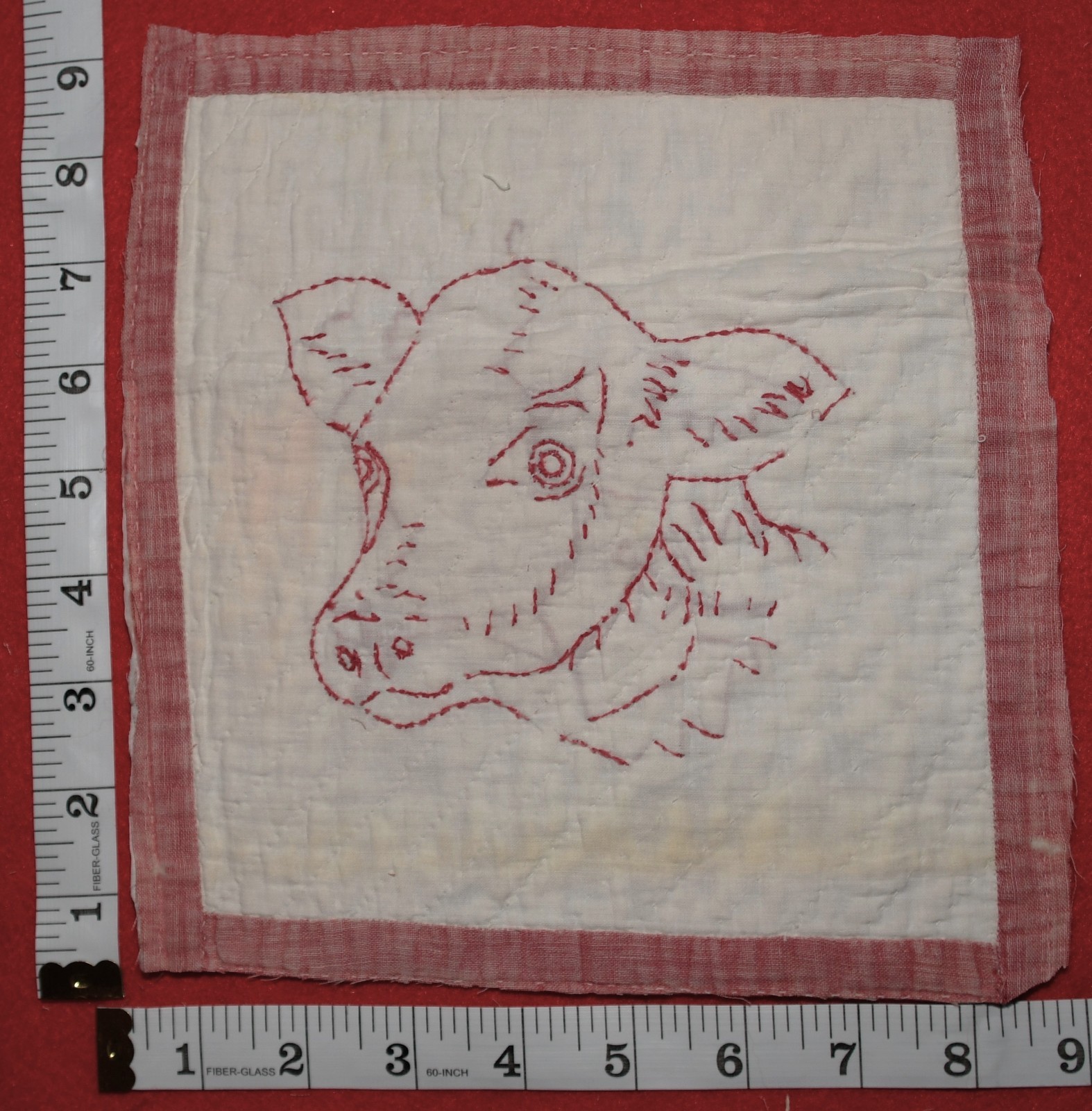 Vintage/Antique Cutter Quilt Piece Block Embroidered Redwork Red Work Cow Farm
