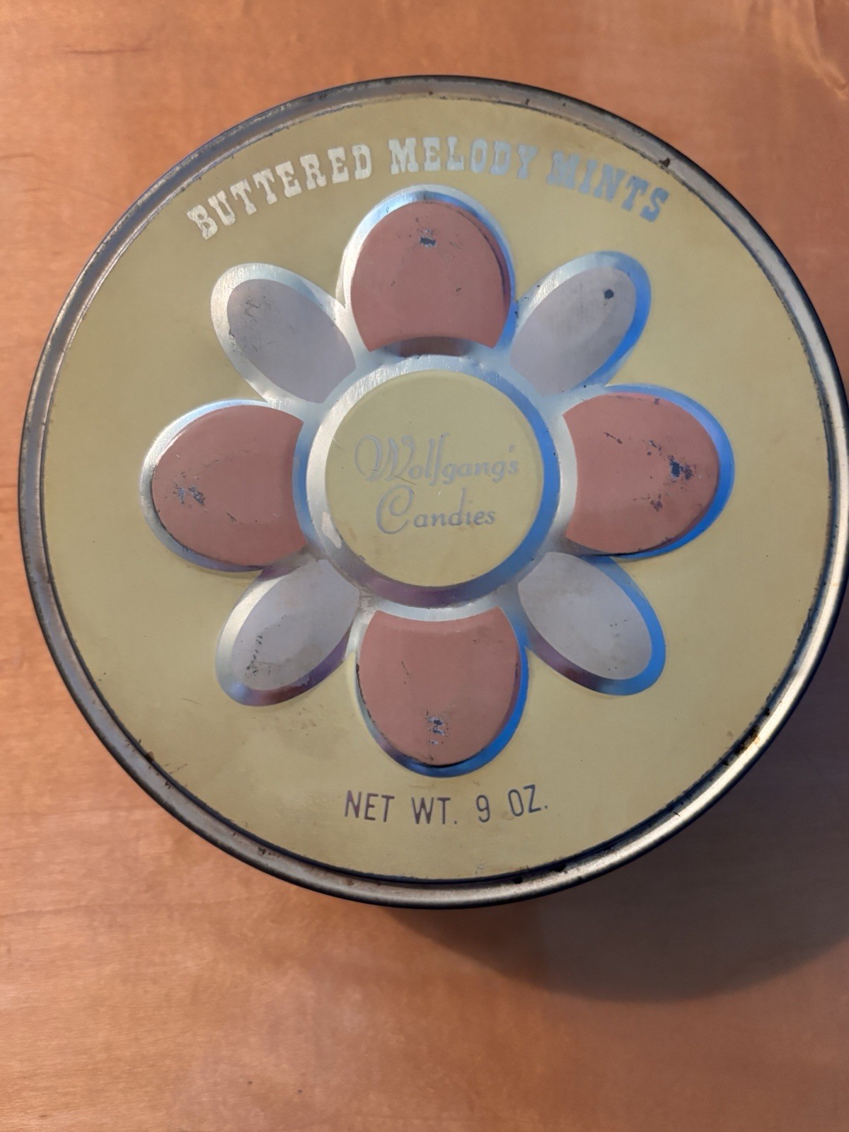 Vintage 1960s Retro Mid-Century Wolfgang's Candies Tin Buttered Melody Mints.