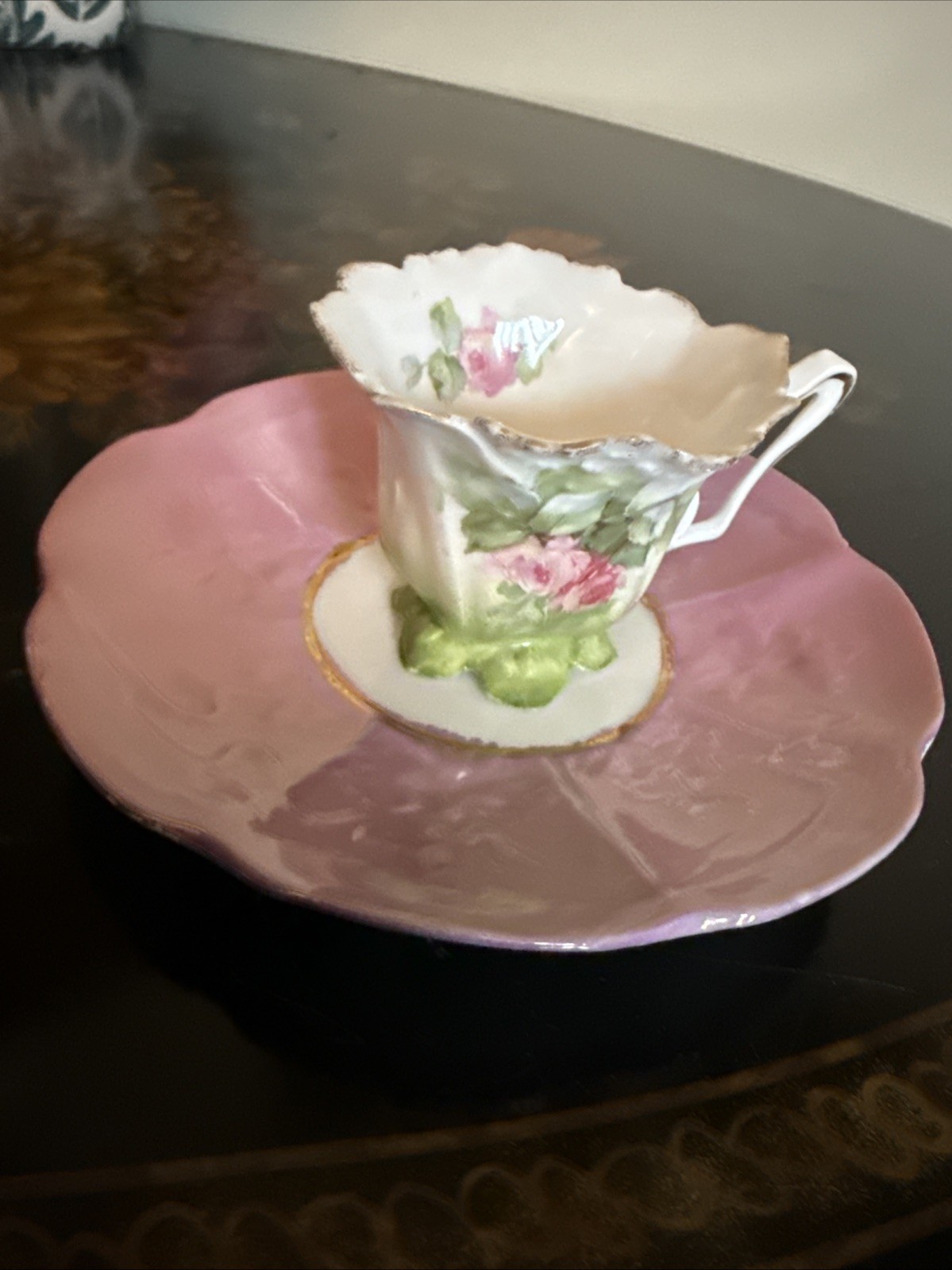 vintage teacup and saucer set  W/ ruffled edge and delicate gold trim, 2” Tall