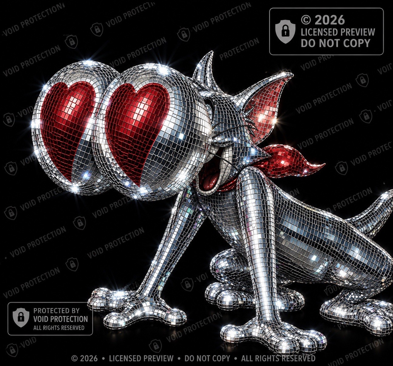 Silver Red Shiny Metal Cat Figurine with Heart Eyes, Animals Theme, 2026 Silver Red Shiny Metal Cat Figurine with Heart Eyes, Animals Theme, 2026