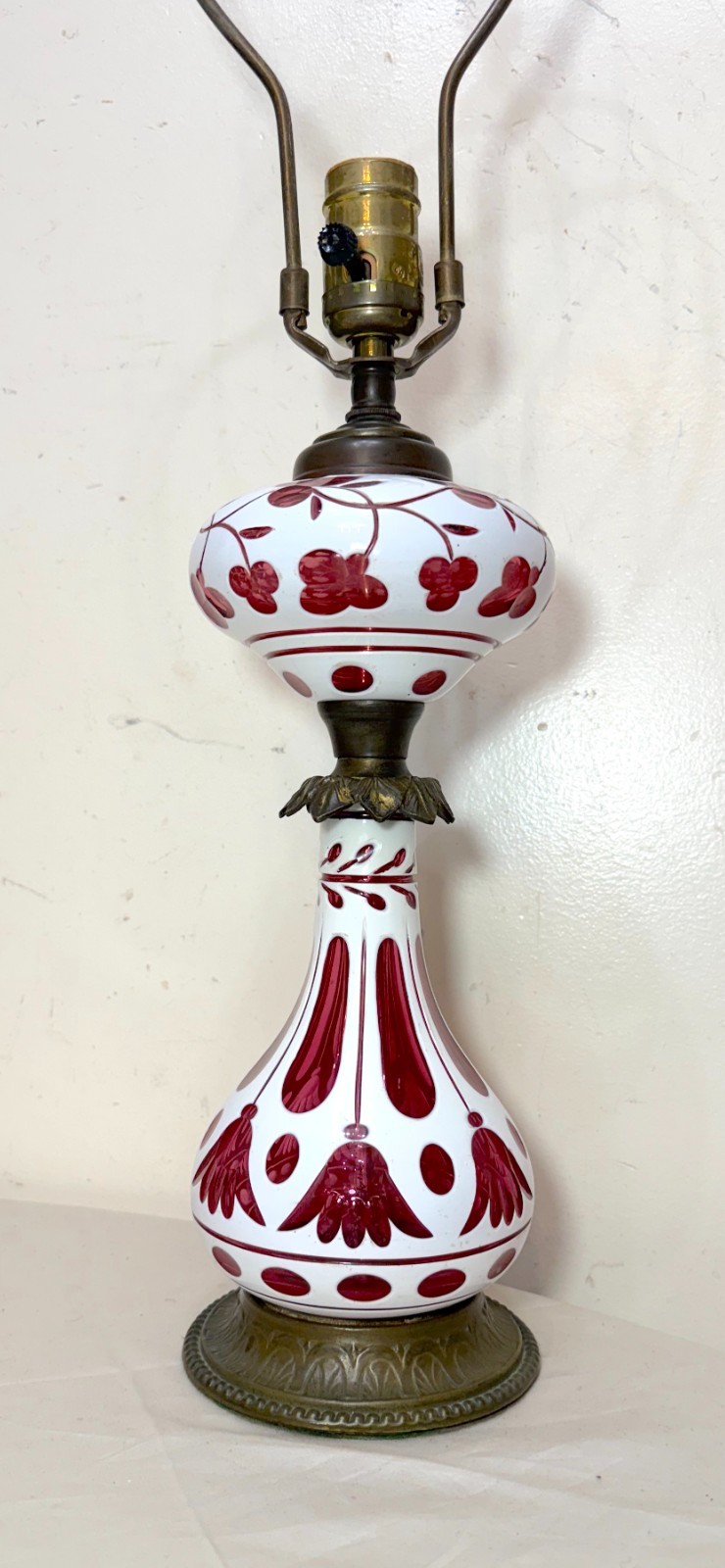 Antique 1800\'s cut to clear cranberry glass Stourbridge bronze Oil table Lamp