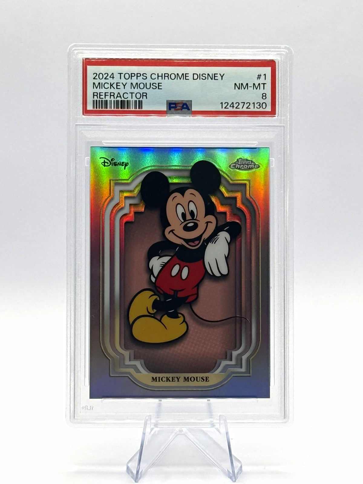 2024 Topps Chrome Disney Mickey Mouse Refractor Card #1 PSA 8 2024 Topps Chrome Disney Mickey Mouse Refractor Card #1 PSA 8