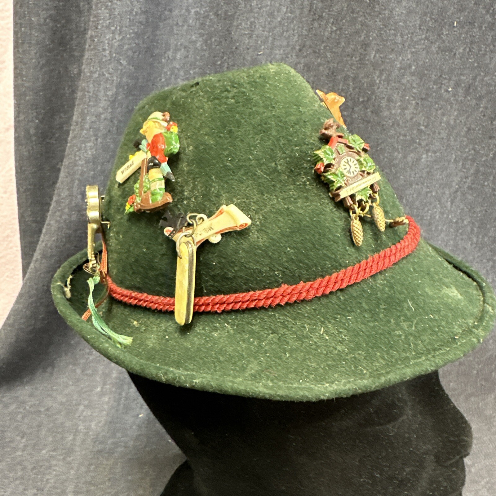 Vtg German Austria Swiss Bavaria Tyrolean Hat 8 Travel Pins Oktoberfest Wool