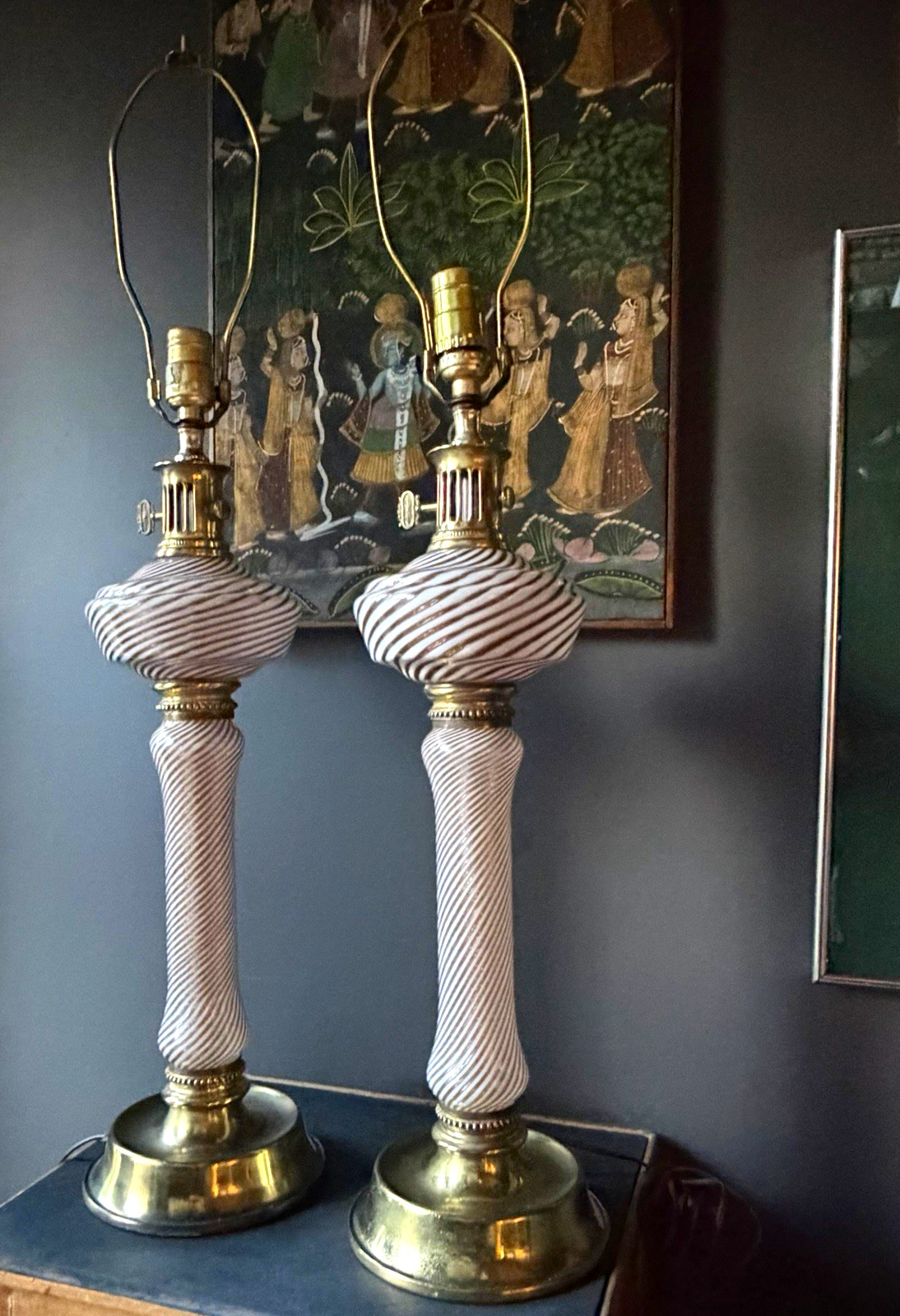 MCM Pair Murano Glass Table Lamps White Brown Swirl Westwood Industries Vintage