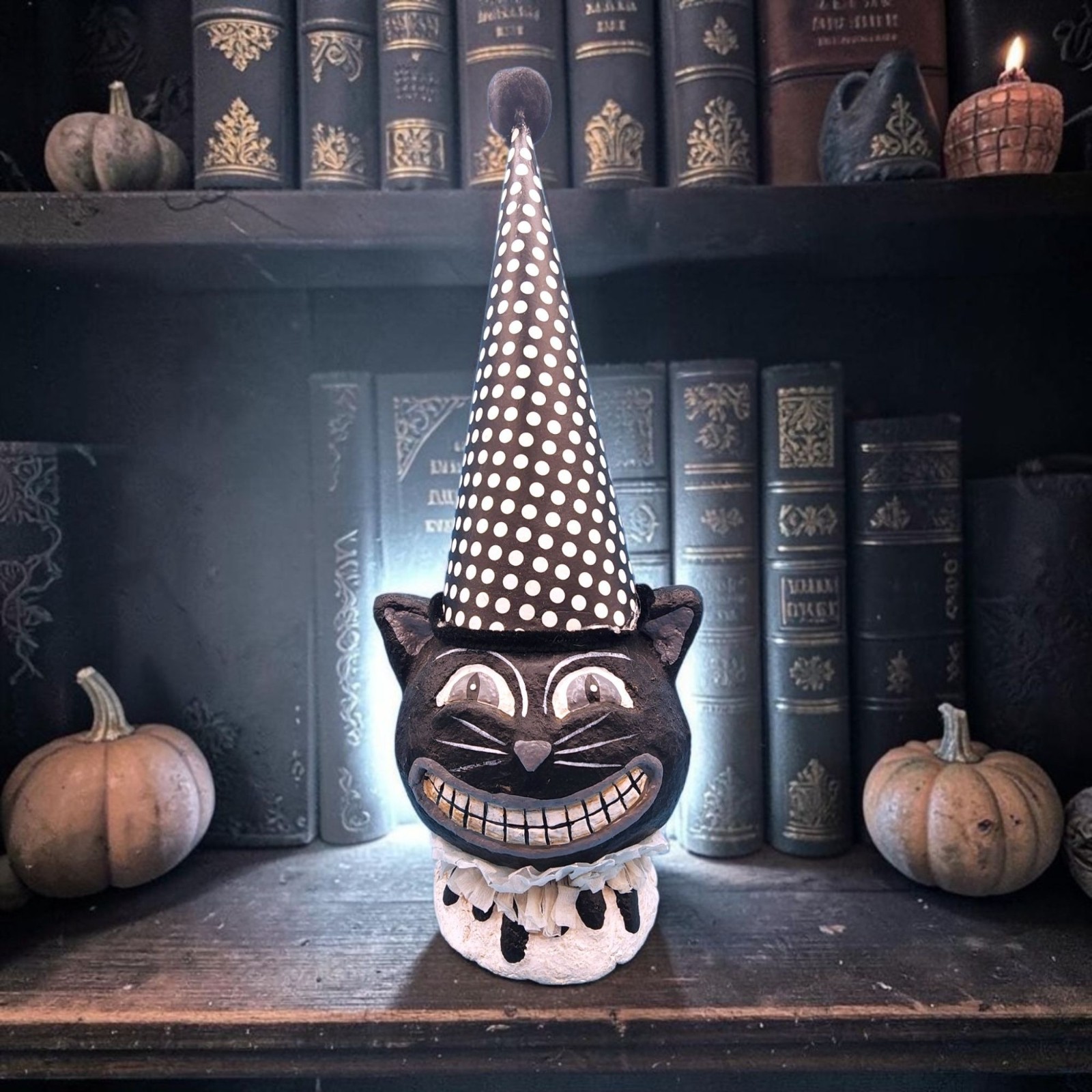 Halloween Black Cat Paper Mache Style Decor Big Smile Folk Art Polka Dot 