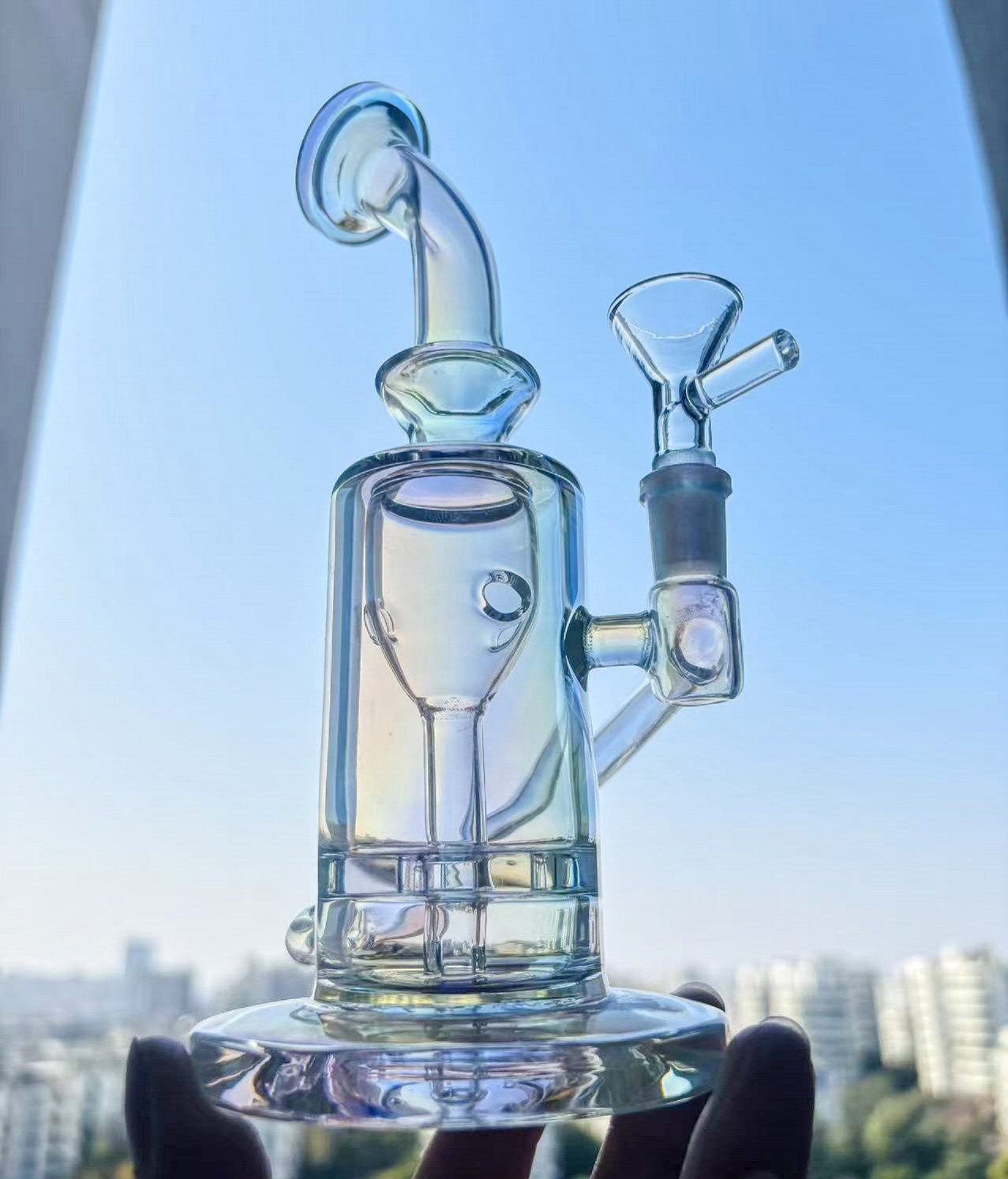 Travel recycler rig Hookah Iridescent Beaker Glass bong water pipe 10mm bubbler