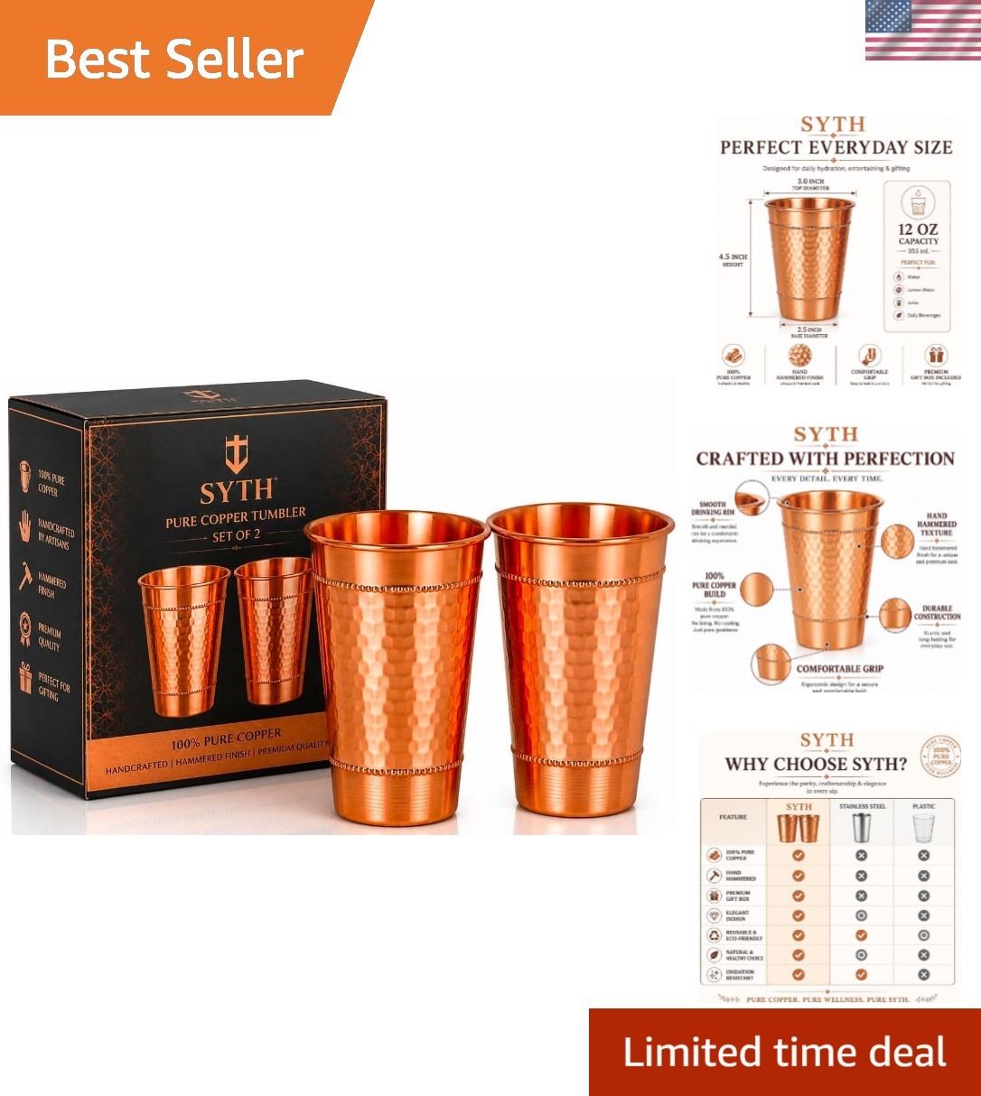 Pure Copper Tumbler Set of 2 – 100% Pure Copper Drinking Cups, Handcrafted Ha...