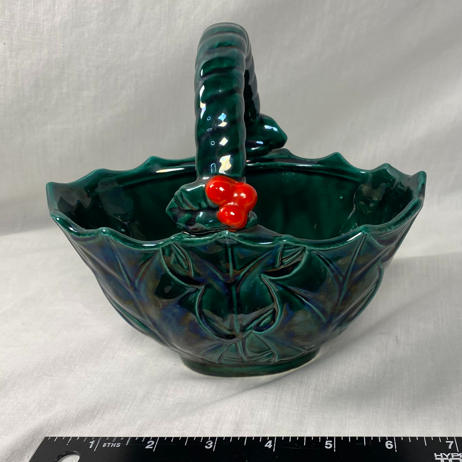 Vintage Lefton Holly Berry Basket # 5175 Christmas Green Holiday Bowl Candy Dish