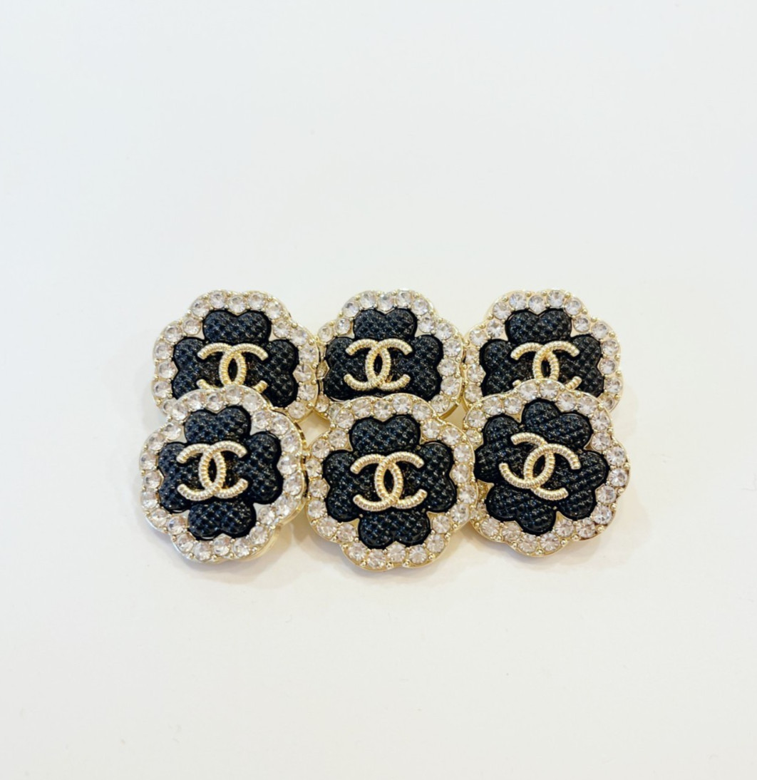 STAMPED lot of 6 Designer Black and Gold Clover Rhinestone Button